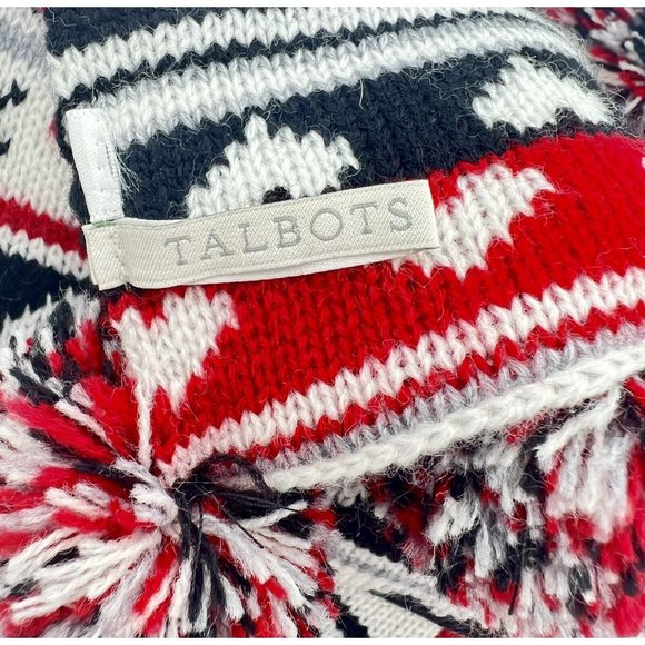 Talbots Nordic Reversible Scarf Snowflakes Hearts POM POMs Fair Isle Apres Ski - Picture 7 of 7
